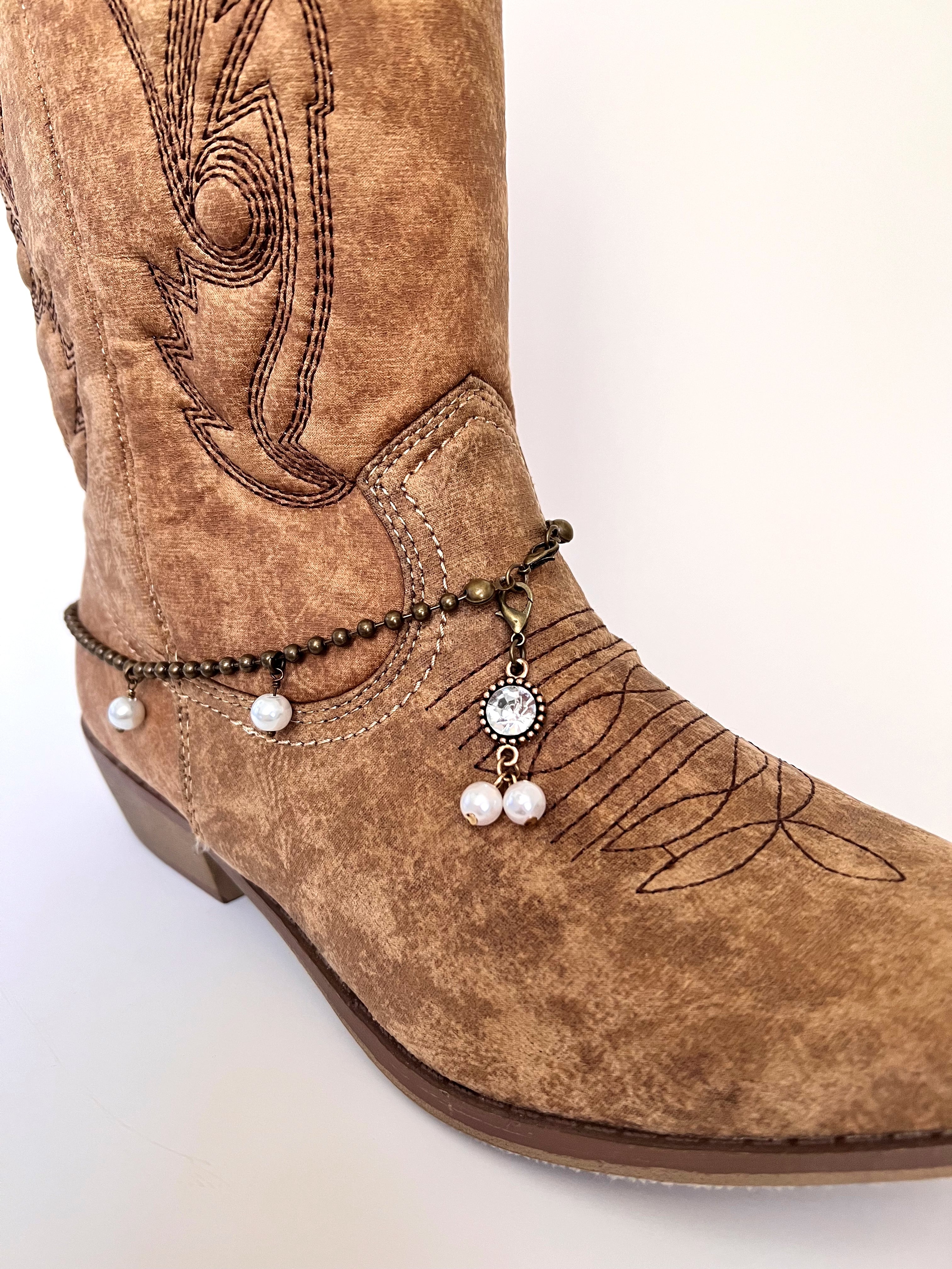 Boot jewelry, antique bronze ball chain with glass pearl/rhinestone dangles