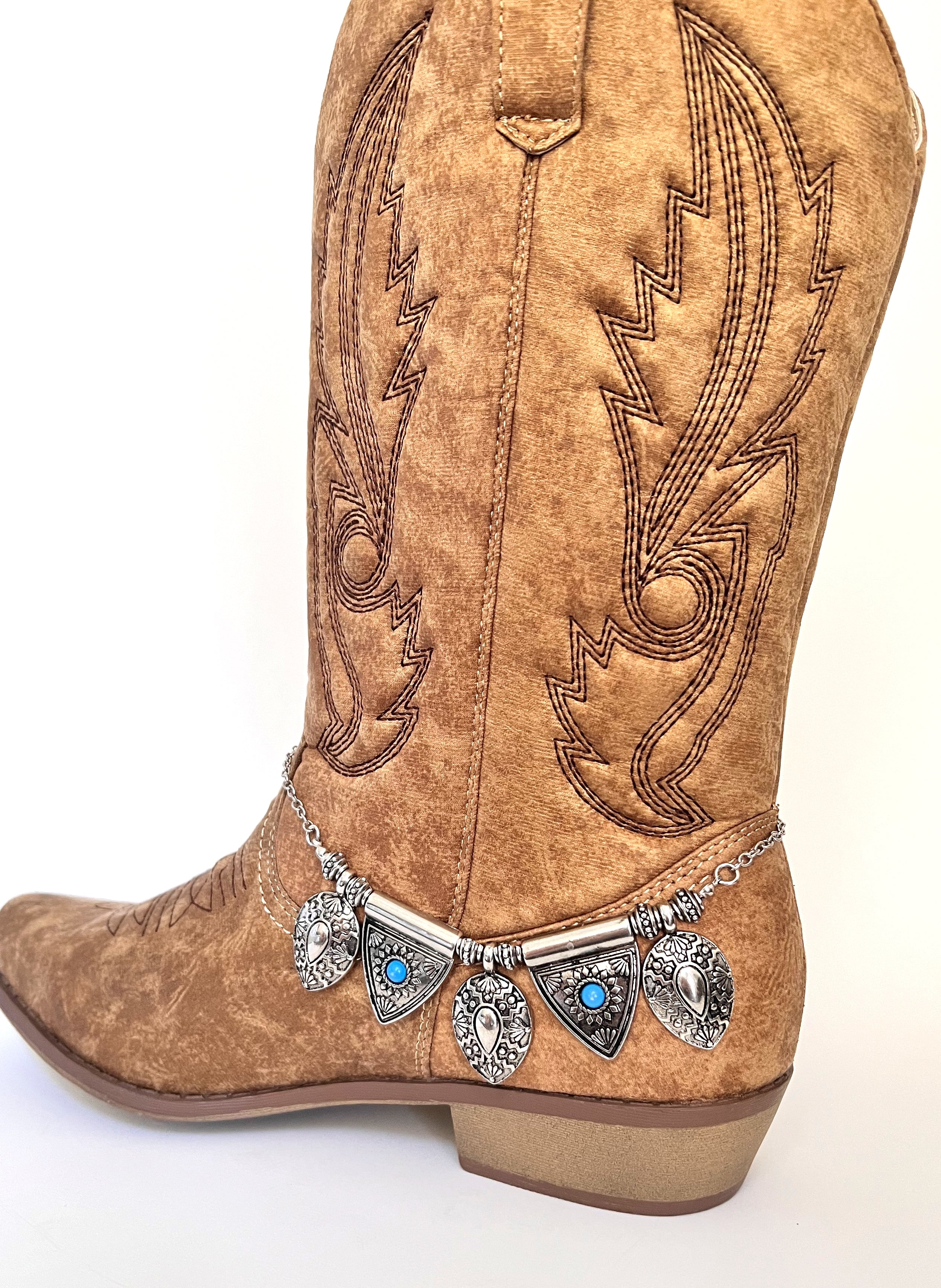 Boot jewelry, southwestern style silver metal pendants with faux turquoise accents