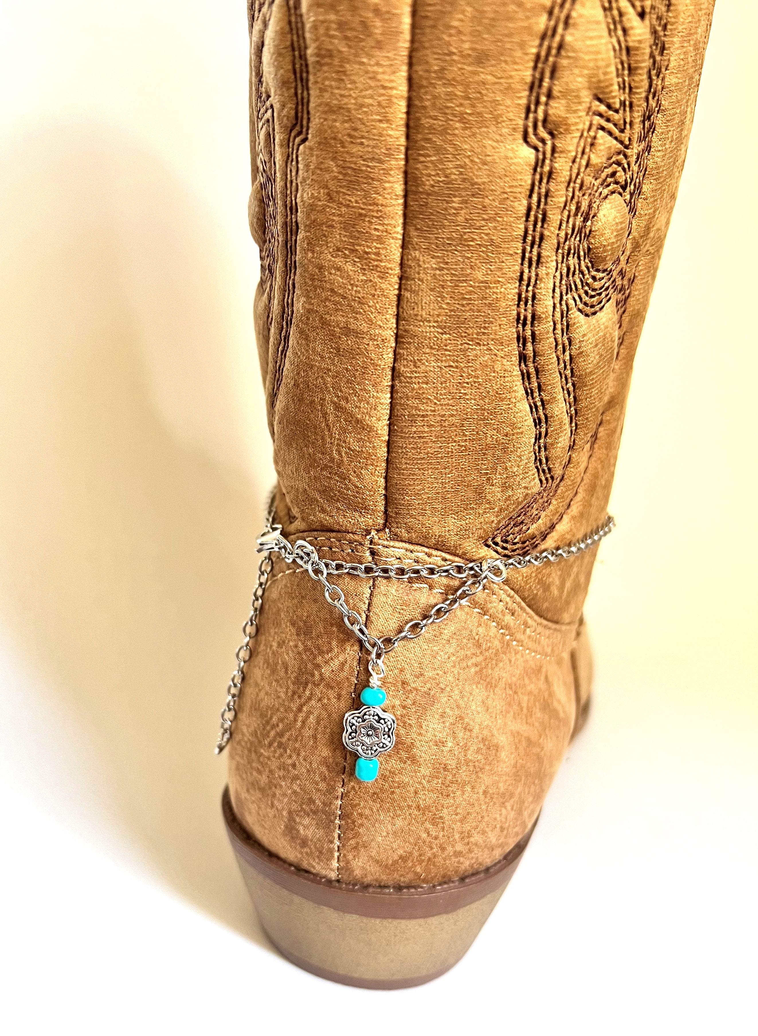 Boot jewelry, southwestern style silver metal pendants with faux turquoise accents