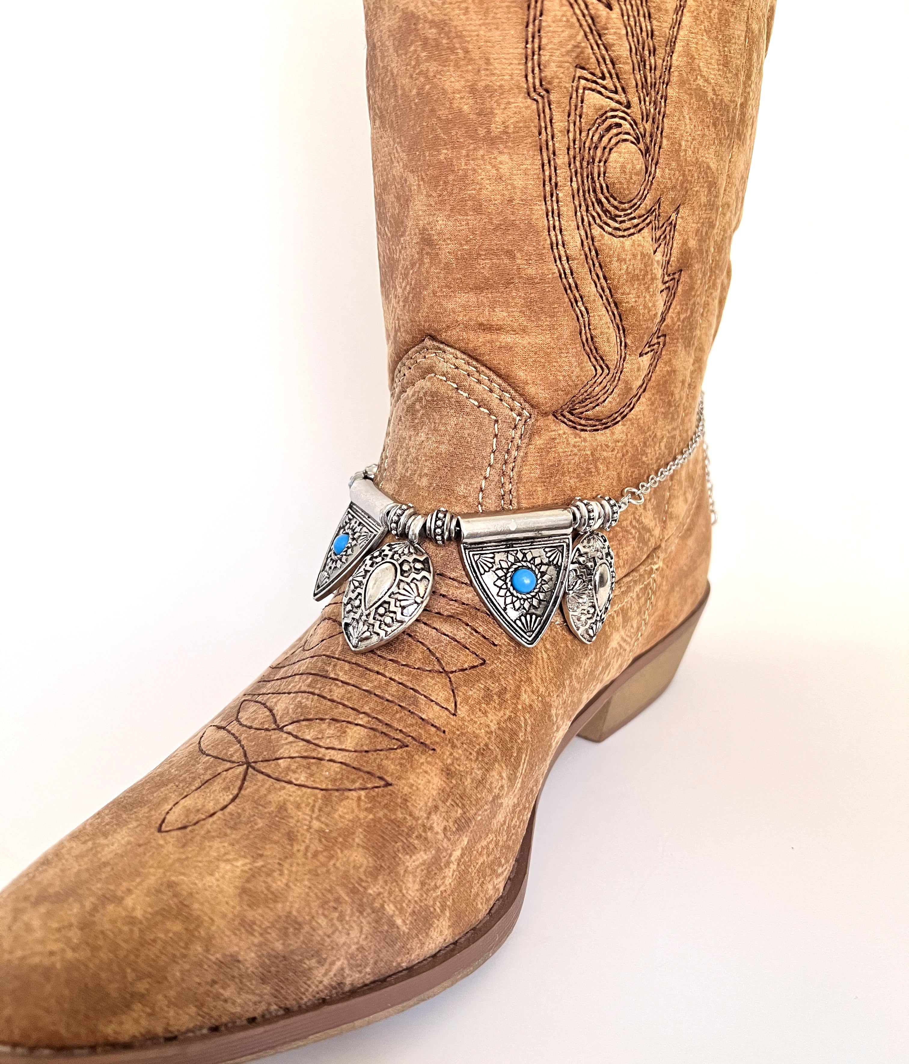 Boot jewelry, southwestern style silver metal pendants with faux turquoise accents