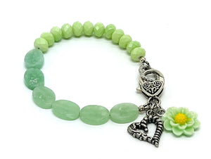 Light green amazonite and glass cut bead bracelet with silver plated heart charm and earring set