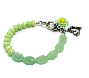 Light green amazonite and glass cut bead bracelet with silver plated heart charm and earring set