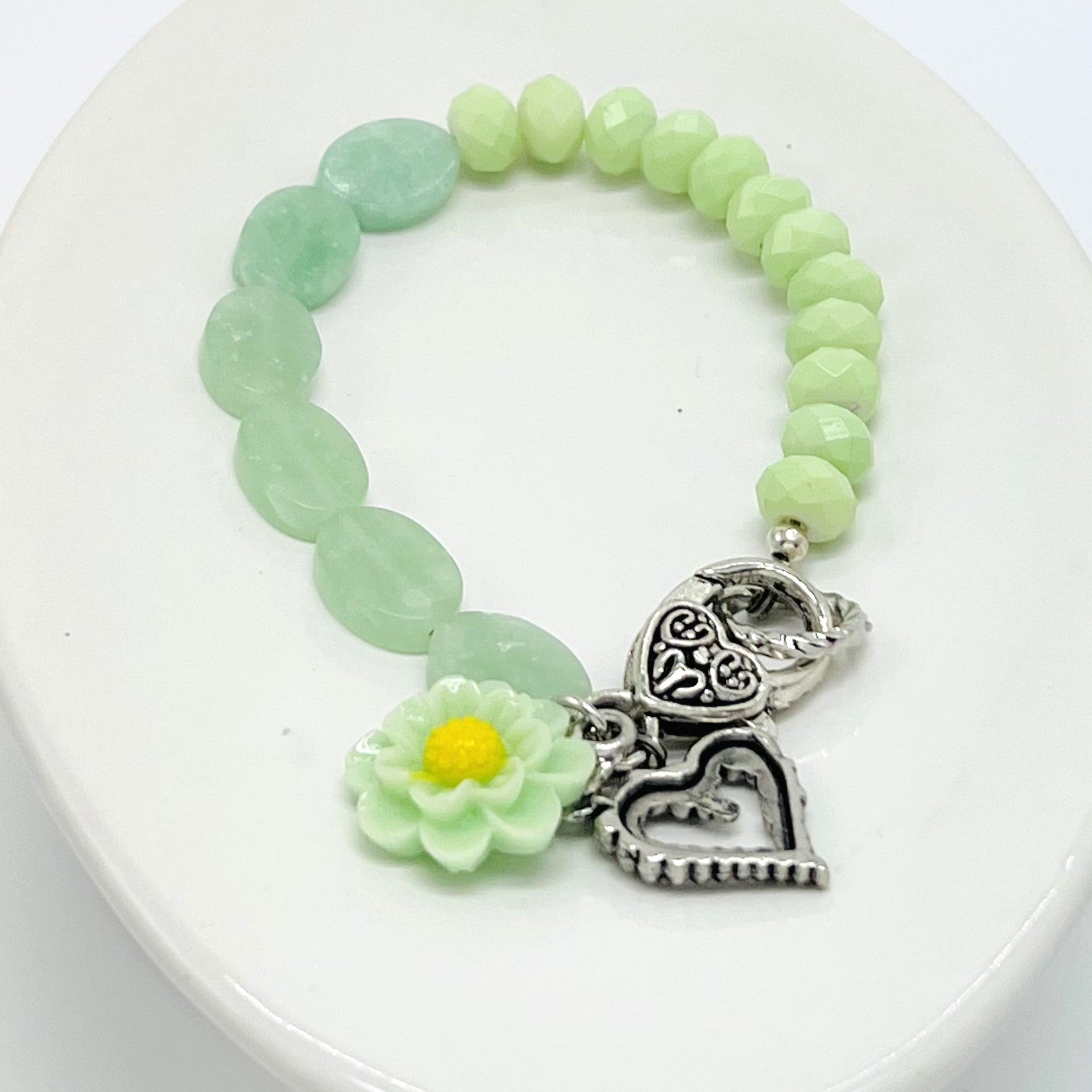 Light green amazonite and glass cut bead bracelet with silver plated heart charm and earring set