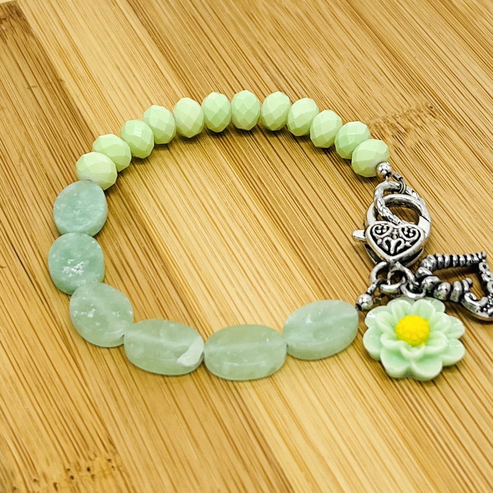 Light green amazonite and glass cut bead bracelet with silver plated heart charm and earring set