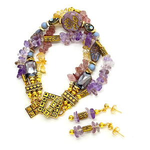 Czech glass and gemstones combined in warm yellow citrine, lavender ametrine and strawberry quartz with gold metal elements