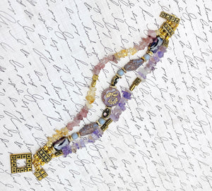 Czech glass and gemstones combined in warm yellow citrine, lavender ametrine and strawberry quartz with gold metal elements