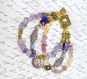 Czech glass and gemstones combined in warm yellow citrine, lavender ametrine and strawberry quartz with gold metal elements