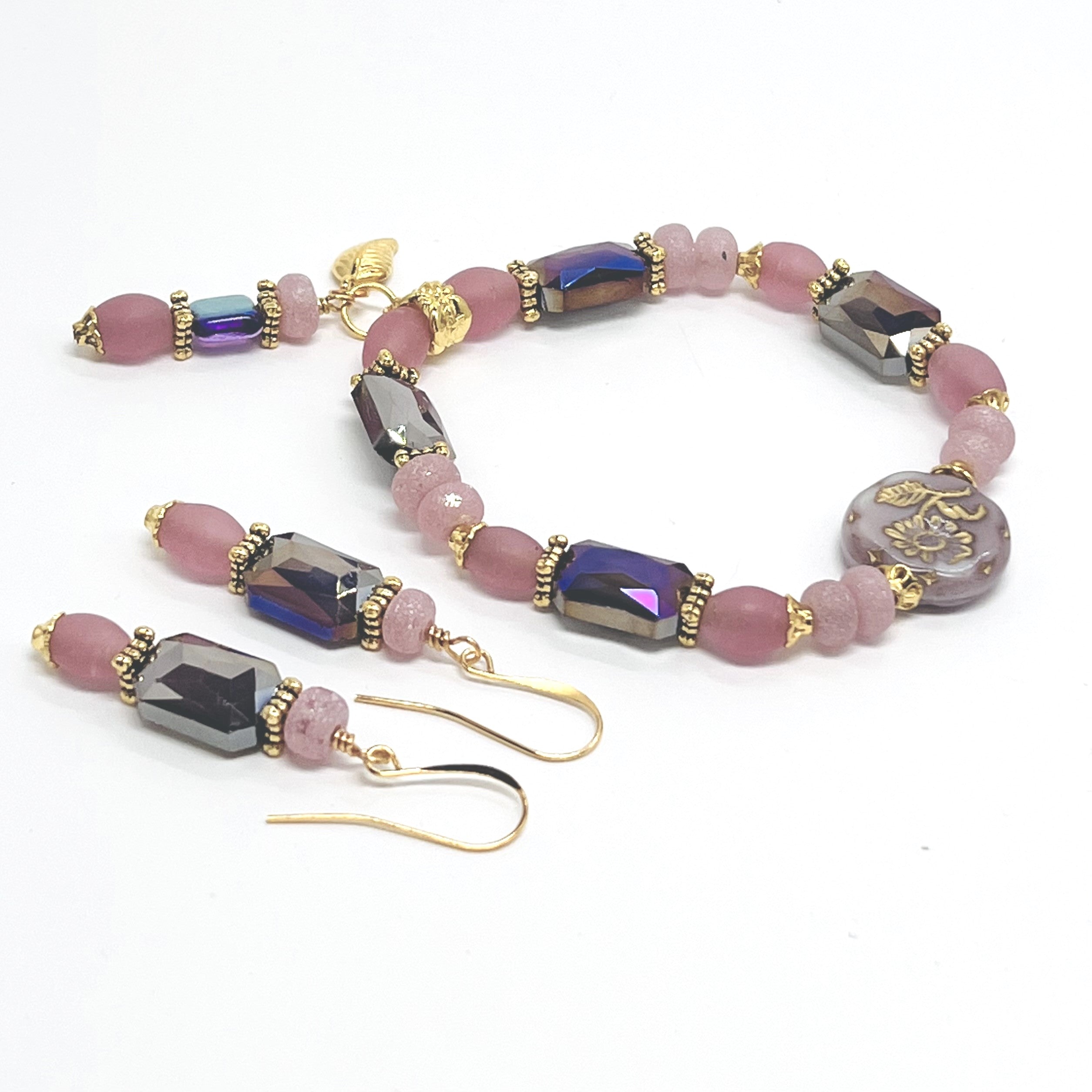 Romantic bracelet and earring set in pink and purple Czech glass with gold plated accents