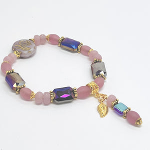 Romantic bracelet and earring set in pink and purple Czech glass with gold plated accents