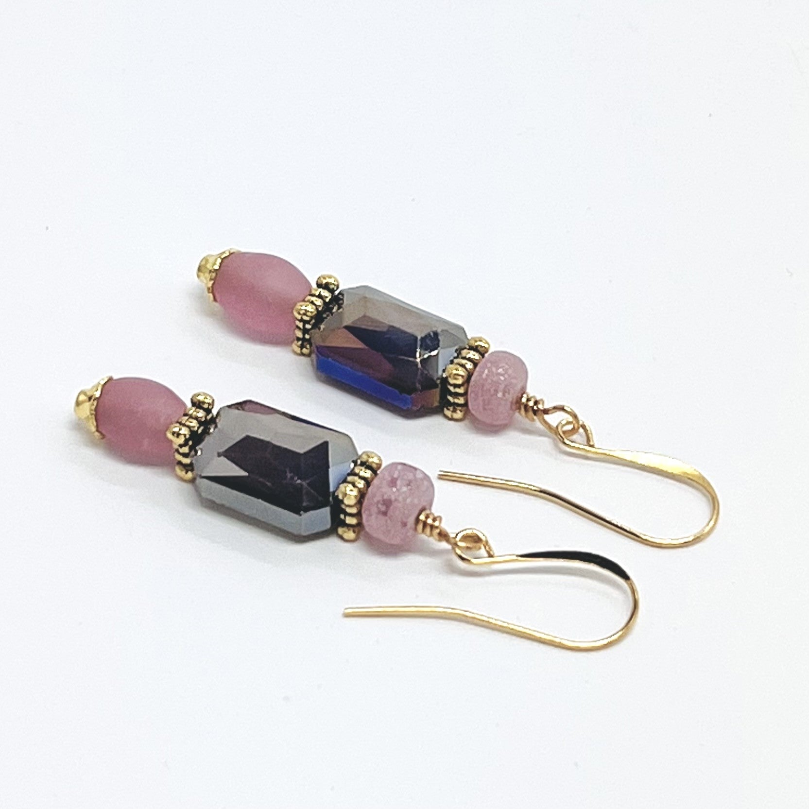 Romantic bracelet and earring set in pink and purple Czech glass with gold plated accents