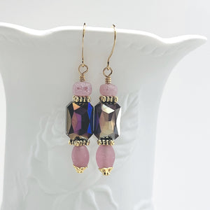 Romantic bracelet and earring set in pink and purple Czech glass with gold plated accents