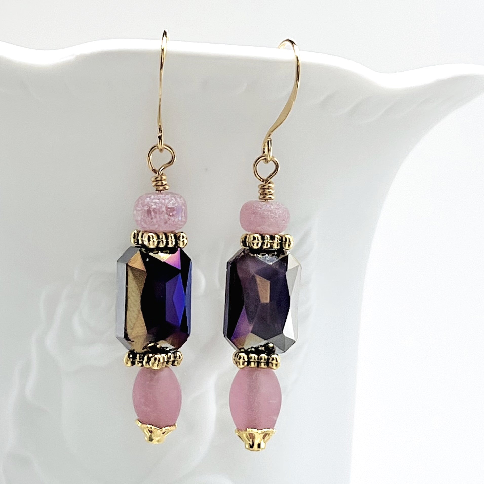 Romantic bracelet and earring set in pink and purple Czech glass with gold plated accents