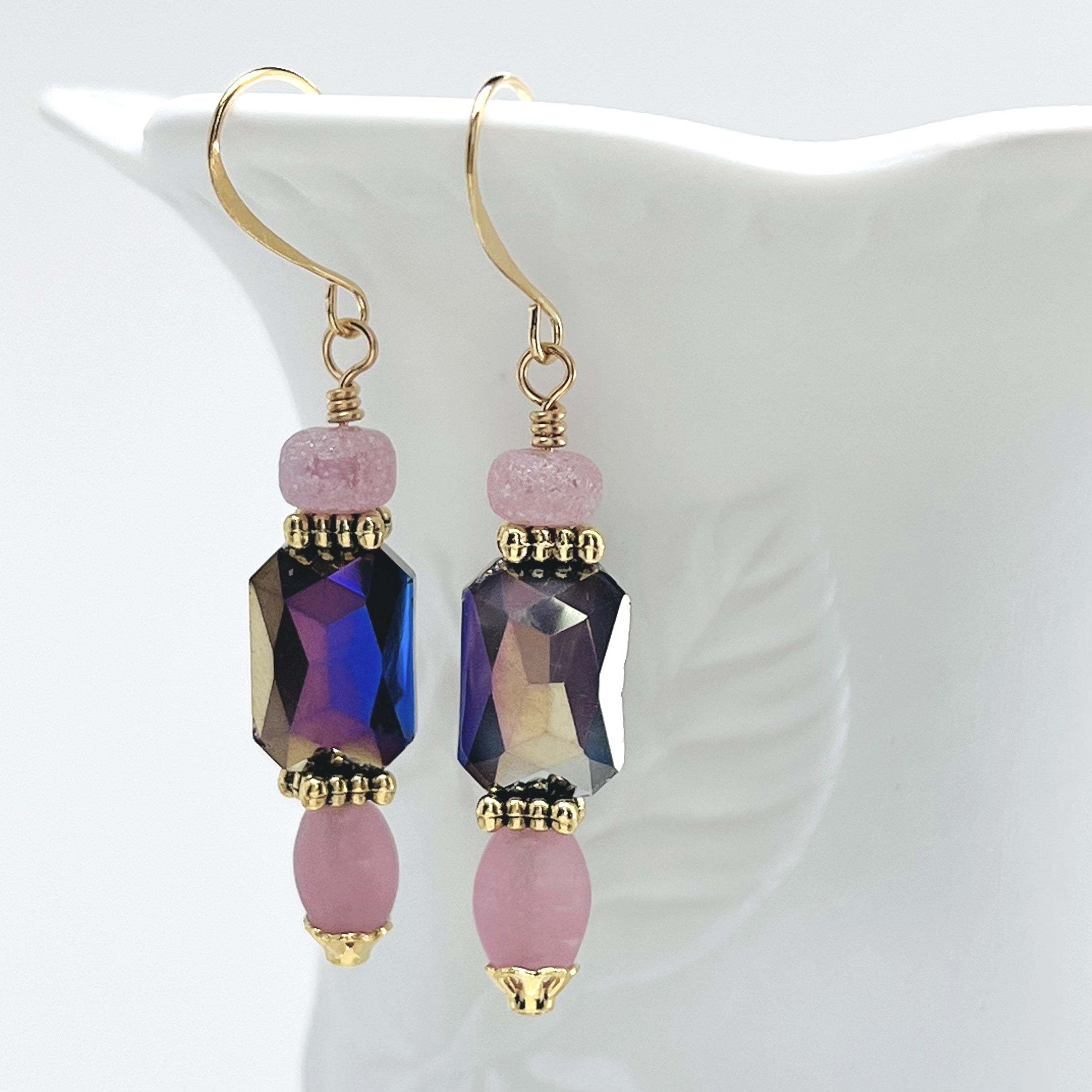 Romantic bracelet and earring set in pink and purple Czech glass with gold plated accents