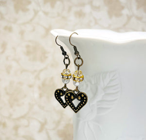 Antique brass earrings with a heart, pearl, crystal and a sparkling rhinestone rondel