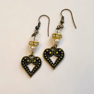 Antique brass earrings with a heart, pearl, crystal and a sparkling rhinestone rondel