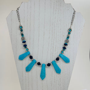 Statement necklace and earring set with turquoise and deep blue howlite, lapis stone beads and silver accents