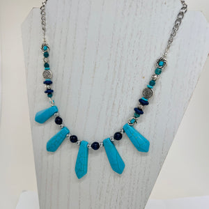 Statement necklace and earring set with turquoise and deep blue howlite, lapis stone beads and silver accents