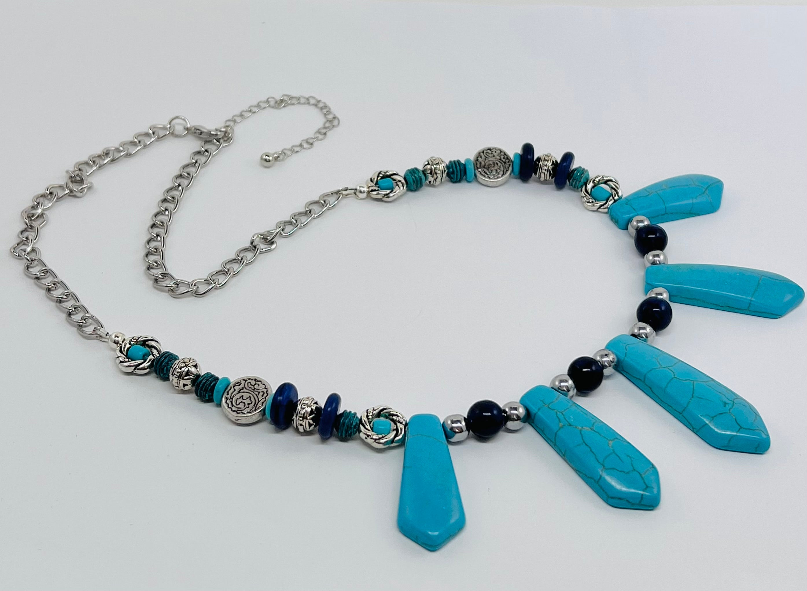 Statement necklace and earring set with turquoise and deep blue howlite, lapis stone beads and silver accents