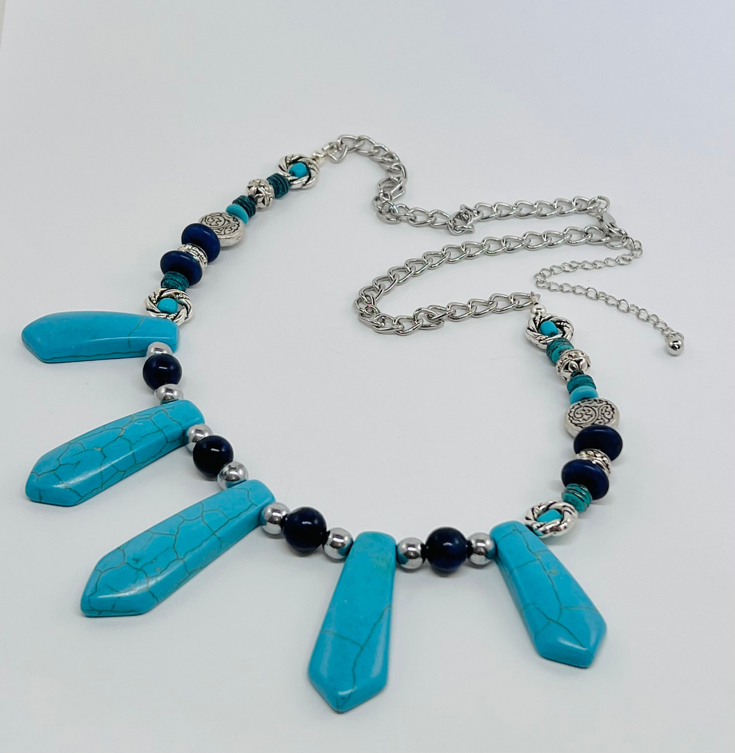 Statement necklace and earring set with turquoise and deep blue howlite, lapis stone beads and silver accents