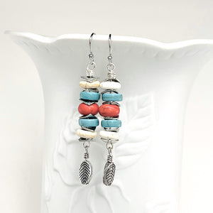 Statement necklace and earring set of turquoise howlite stones with cream, orange and silver accents