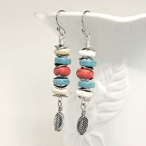 Statement necklace and earring set of turquoise howlite stones with cream, orange and silver accents