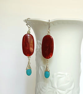 Statement necklace and earring set in turquoise howlite and deep red acrylic beads with silver accents