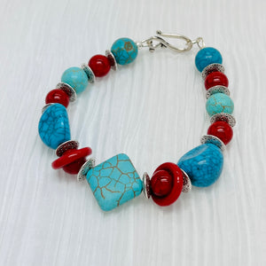 Bracelet and earring set, chunky turquoise howlite and red glass and acrylic beads