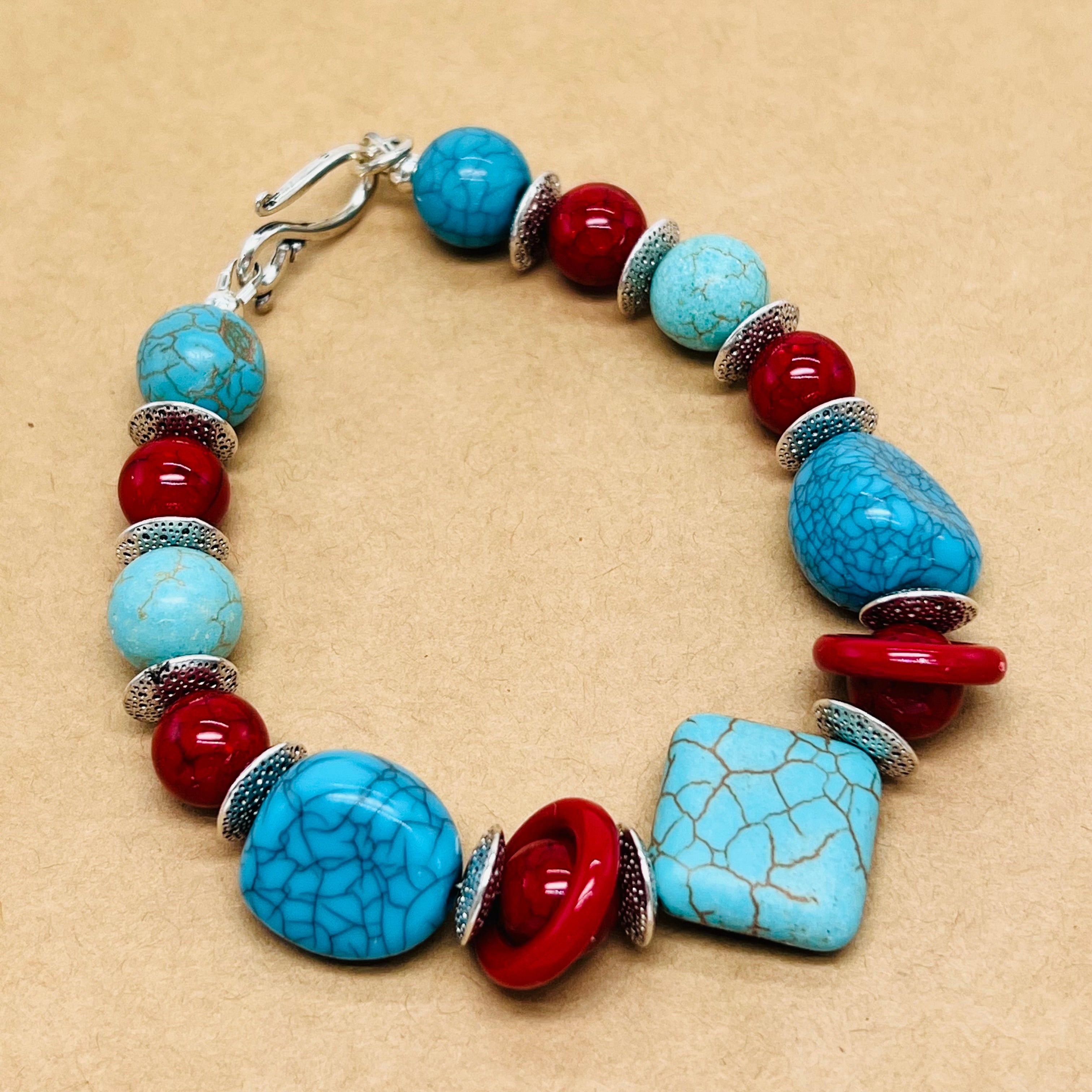 Bracelet and earring set, chunky turquoise howlite and red glass and acrylic beads