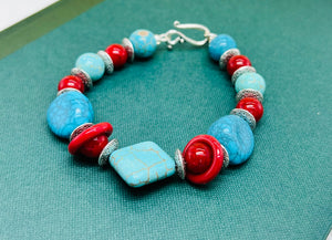 Bracelet and earring set, chunky turquoise howlite and red glass and acrylic beads