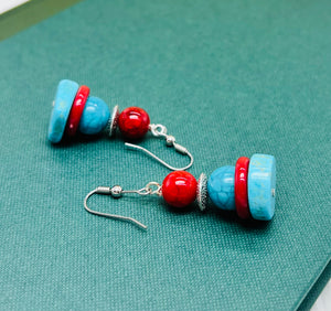 Bracelet and earring set, chunky turquoise howlite and red glass and acrylic beads