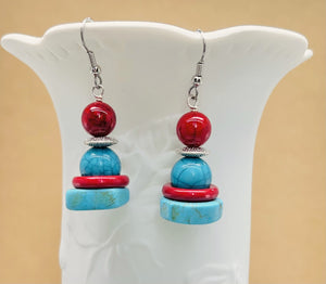 Bracelet and earring set, chunky turquoise howlite and red glass and acrylic beads