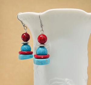 Bracelet and earring set, chunky turquoise howlite and red glass and acrylic beads