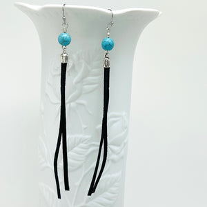 Leather earrings with turquoise Howlite stone beads with silver accents