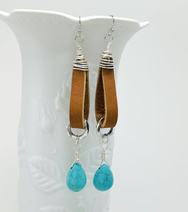 Southwestern style leather, turquoise and silver earrings