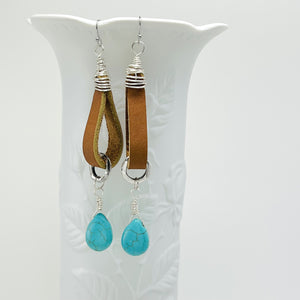 Southwestern style leather, turquoise and silver earrings