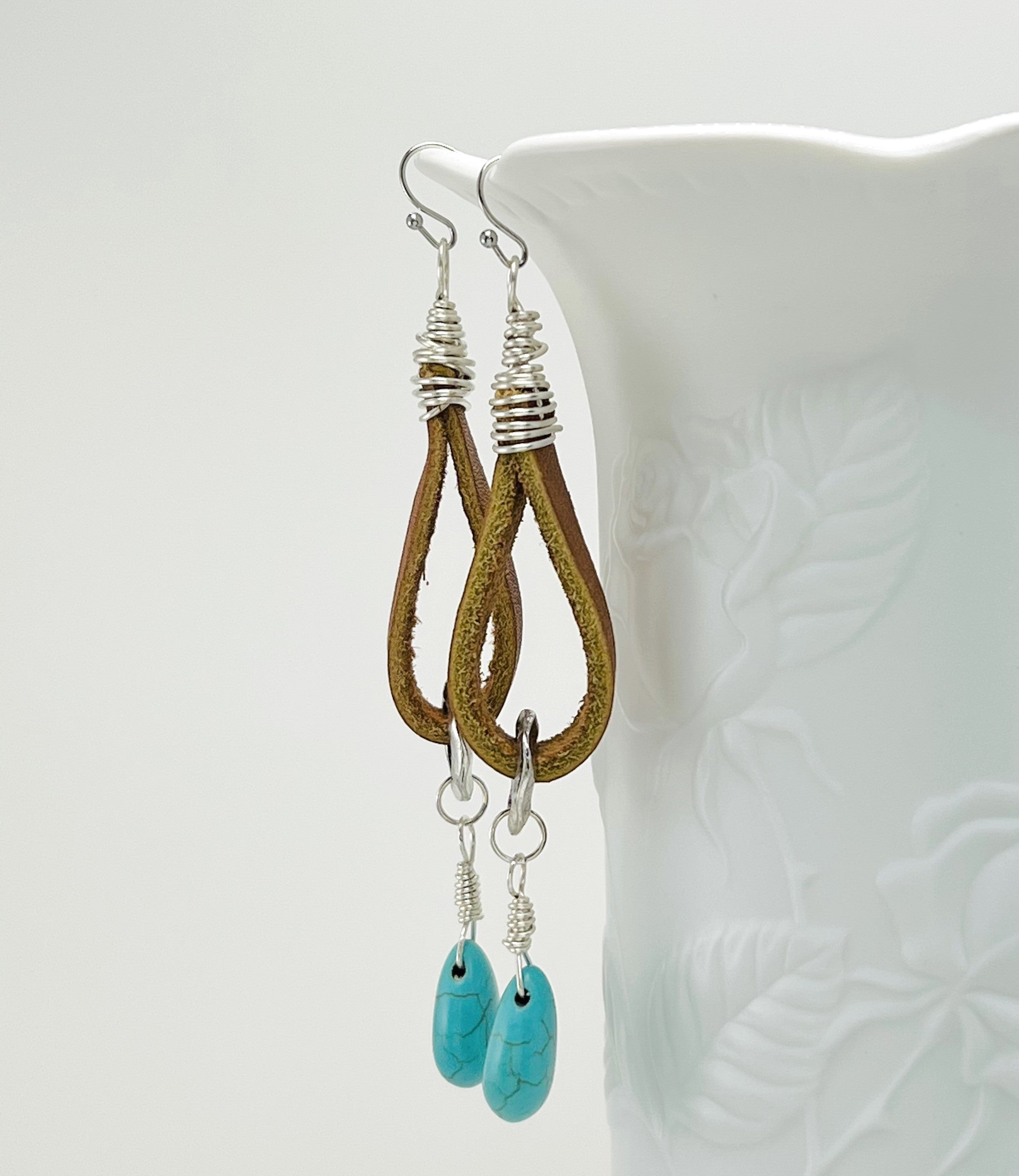 Southwestern style leather, turquoise and silver earrings