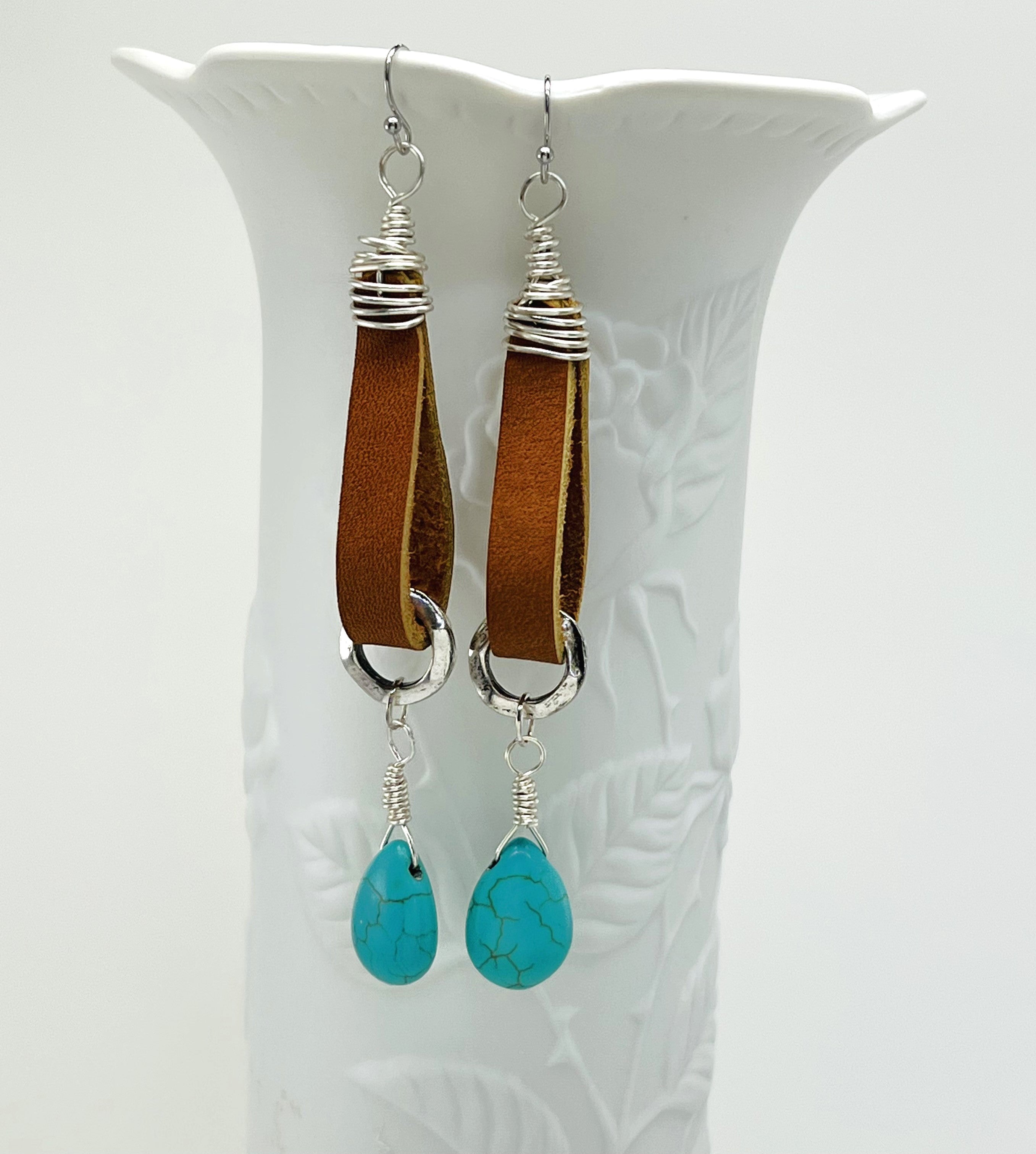 Southwestern style leather, turquoise and silver earrings